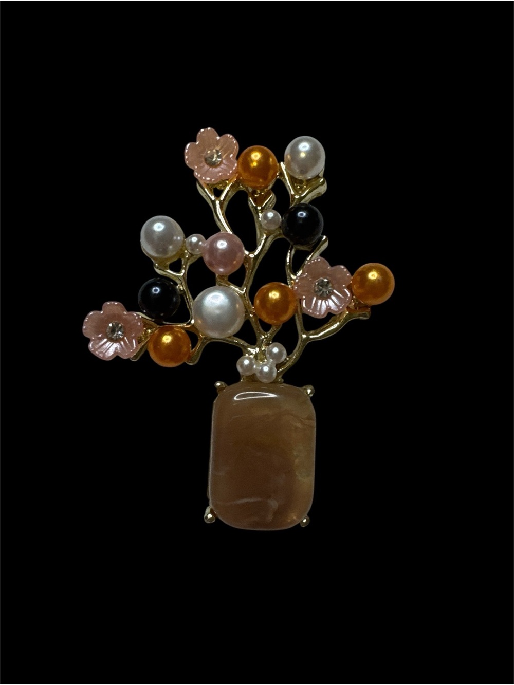 Gold-Tone Floral Tree Brooch/Pendant with Pink, White, Black and Amber Accents
